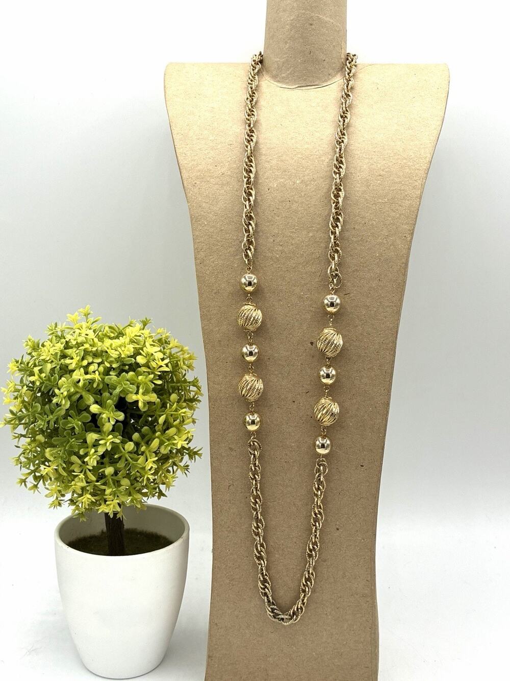 Coro Vintage Goldtone Rope Chain Ball Station Necklace 28 Inch Long 1970s